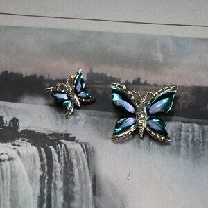 Vintage Gold Tone Painted Butterfly Brooch Pin Set w/ Diamond Rhinestones